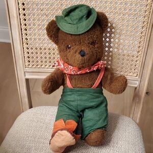 Vintage L.L. Bean Brown Teddy Bear with Green Overalls and Red Straps